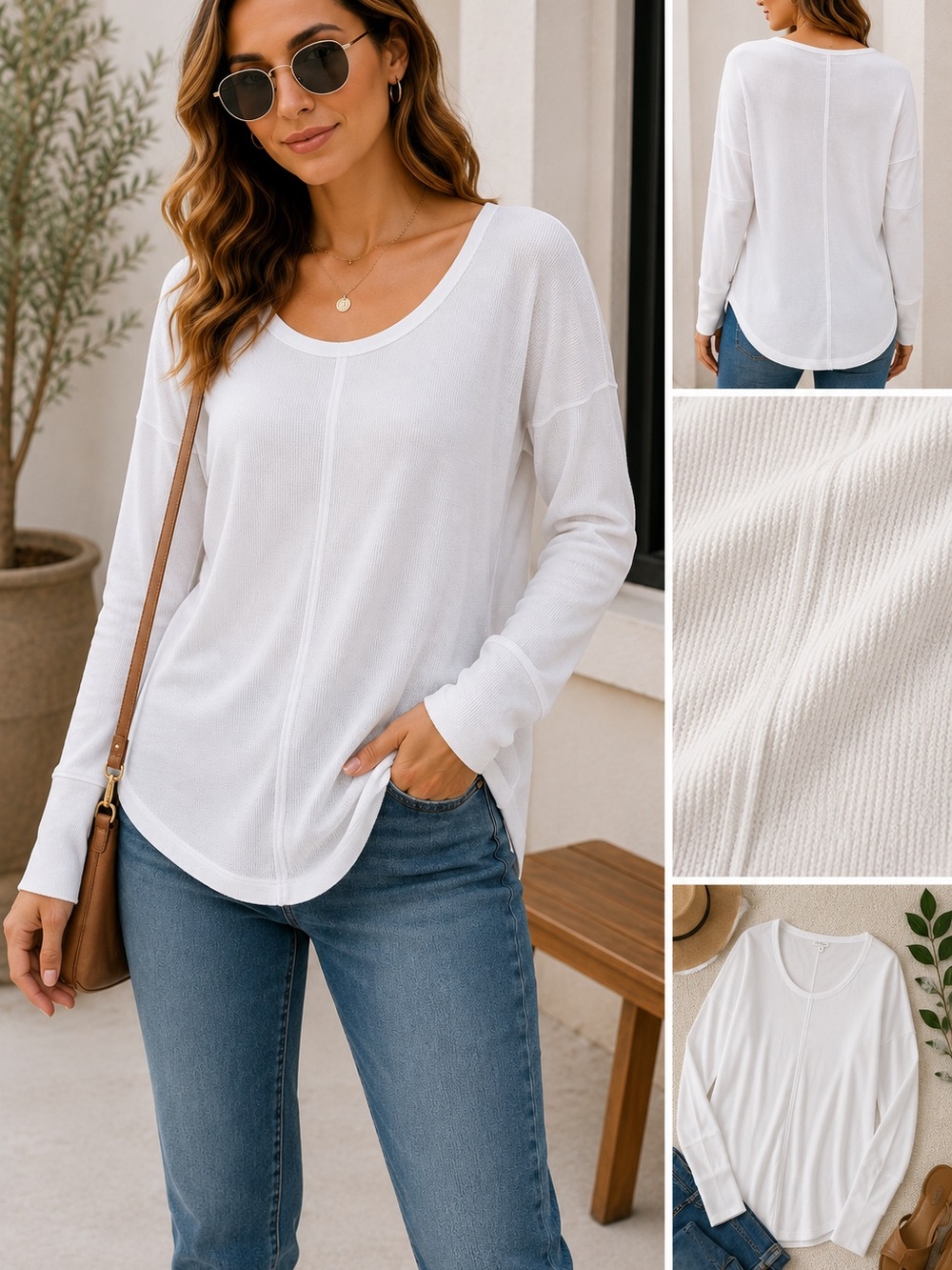 Lucky Brand Waffle Knit Relaxed Scoop Neck Top Off White Size L